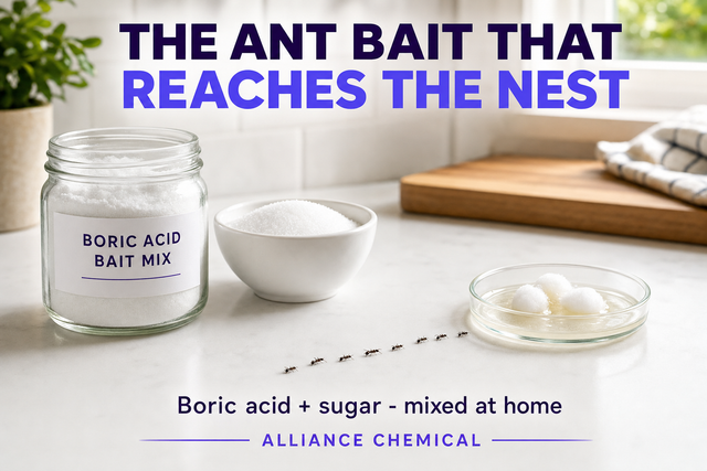 Boric acid and sugar ant bait mix on a kitchen counter with a small ant trail — the bait that reaches the nest.
