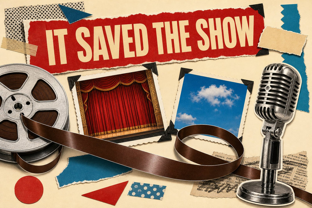 Paper-collage hero: a reel of brown magnetic recording tape unspooling across a Kodachrome-style album page beside a chrome ribbon microphone, under the headline It Saved The Show.