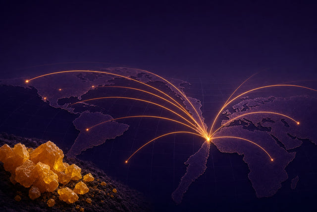 Deep purple world map with glowing orange sulfur trade-flow arcs converging on a strait choke-point, with a heap of amber sulfur crystals — the 2026 sulfuric acid supply crisis.