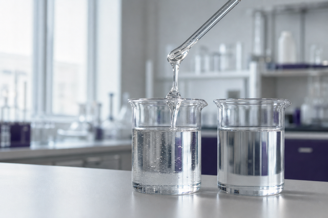 Two identical-looking clear beakers of clear liquid side by side, one showing a viscous thread drawn by a glass dropper — visualizing how polyethylene glycol (PEG 200) and propylene glycol look alike but are structurally different.