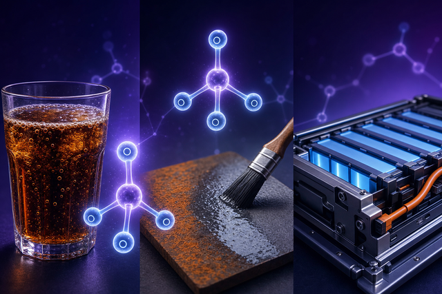 Phosphoric acid uses split across three panels: a glass of cola, rust converting to dark iron phosphate on steel, and an EV LFP battery module, connected by a glowing phosphate molecule.