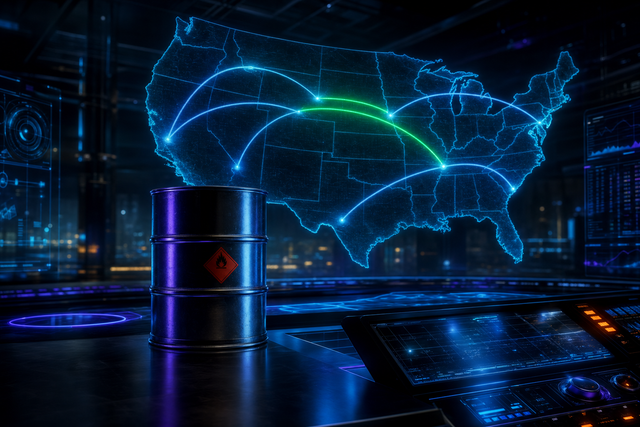 Engineering control-room view of a US LTL freight map and a hazmat chemical drum — how Alliance Chemical ships hazardous chemicals in 1-2 business days