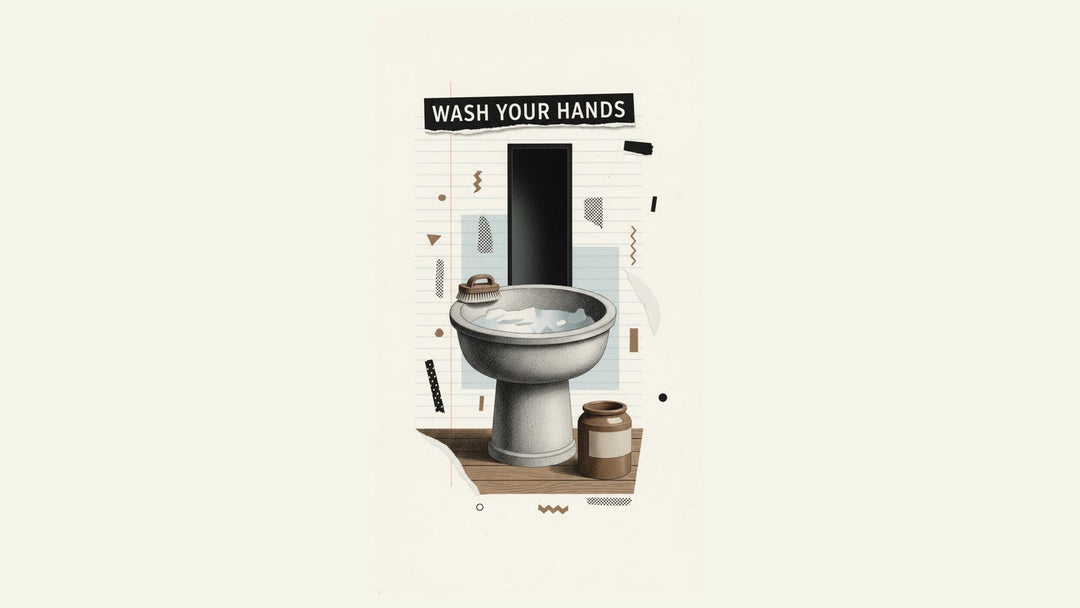 Paper-collage illustration of the chlorinated lime handwashing basin Ignaz Semmelweis placed at the Vienna delivery-room door in 1847, under a torn-paper banner reading WASH YOUR HANDS.
