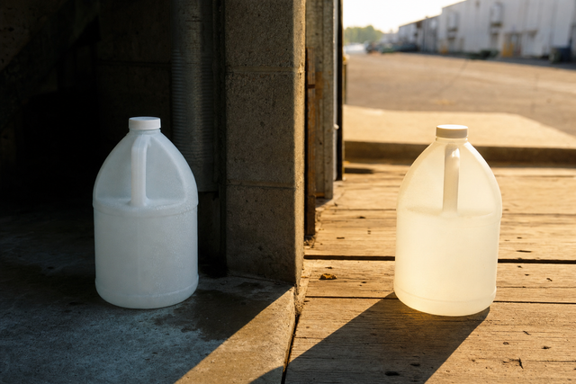 Two identical capped jugs of bleach, one in cool shade and one in hot sun - storage temperature decides how fast bleach loses strength