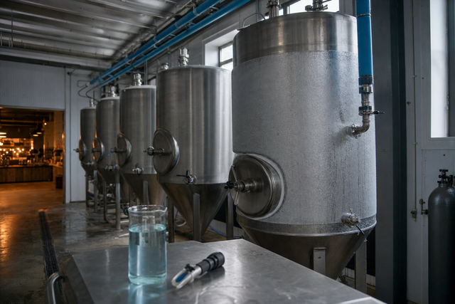 Frost-covered stainless steel fermenter cooling jackets and overhead blue glycol supply lines in a craft brewery cold room, with a beaker of propylene glycol coolant and a glycol refractometer on a stainless work table.