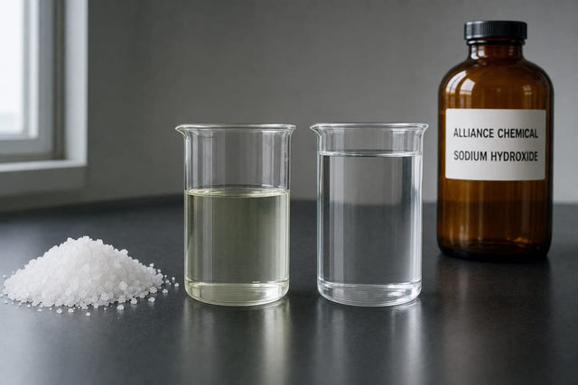 Coarse salt beside two laboratory beakers, one holding pale yellow-green liquid and one a taller column of clear liquid, next to a labelled sodium hydroxide bottle