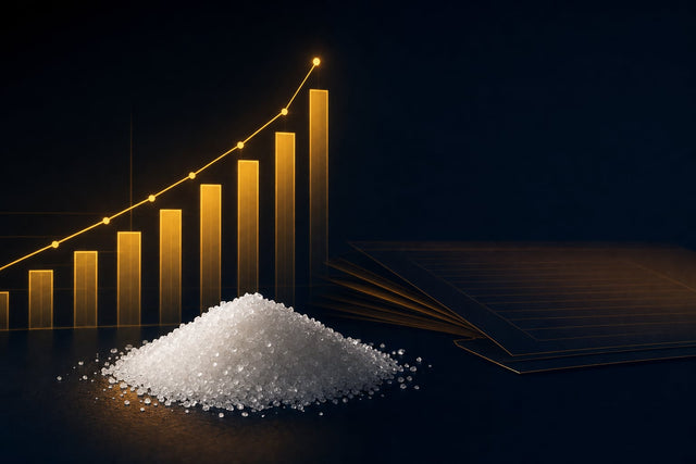 Editorial navy-and-amber graphic: a rising bar-and-line chart glowing amber above a heap of white citric acid crystals, illustrating the 2026 US import duties on citric acid from Canada and India.