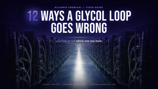 Twelve Ways a Data Center Glycol Loop Goes Wrong - a symmetrical cold aisle of liquid-cooled server racks with coolant manifolds