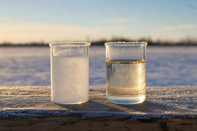 Two glass flasks in winter frost: pure water frozen solid beside a still-liquid ethylene glycol blend
