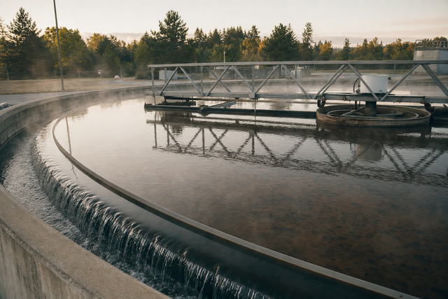 A circular secondary clarifier at a small wastewater treatment plant at dawn, water spilling over the weir, where ferric chloride floc settles out with the phosphorus it has captured.