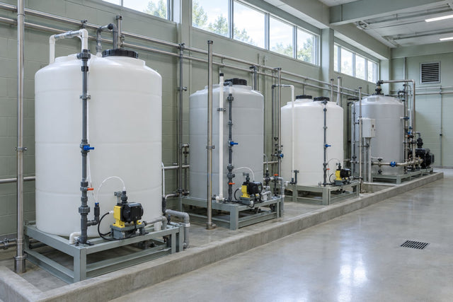 The chemical feed room of a municipal drinking-water treatment plant: a row of white HDPE day tanks on steel skids with metering pumps, behind a concrete containment kerb