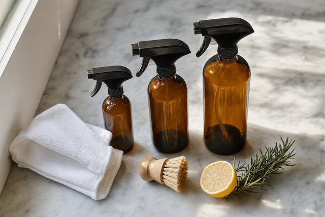 Flat-lay of hydrogen peroxide cleaning supplies — amber spray bottles, microfiber cloth, lemon, rosemary