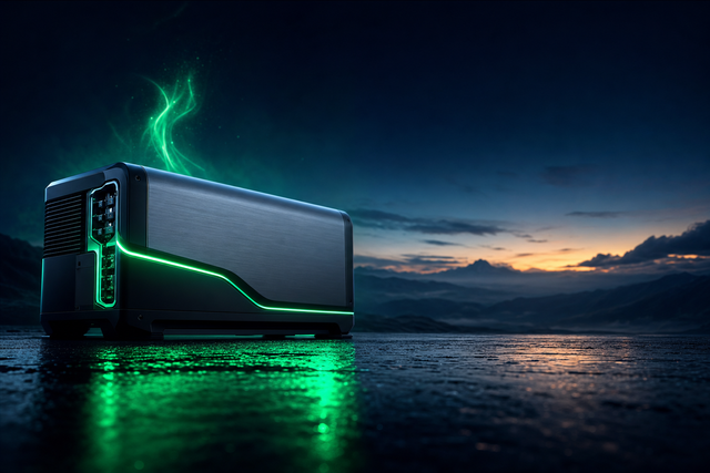 A sleek methanol fuel cell power unit glowing emerald green on a dark reflective plain at dusk — clean, silent power replacing gas generators and batteries.