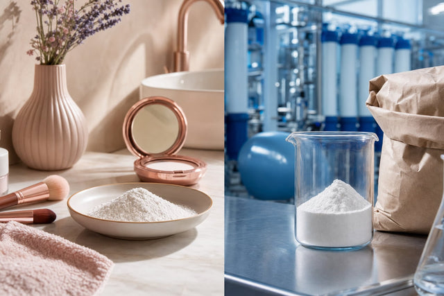 The same fine white powder in a beauty-vanity dish and an industrial lab beaker — magnesium hydroxide's dual identity