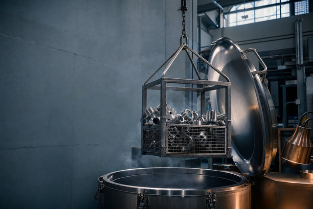 Precision machined metal components lifted above an open stainless vapor degreasing tank