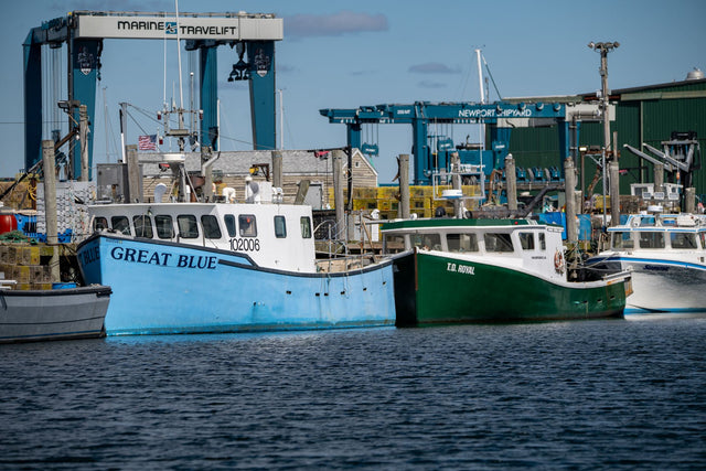 Colorful fishing boats docked at Newport Shipyard in Rhode Island, showcasing the vibrant maritime industry.