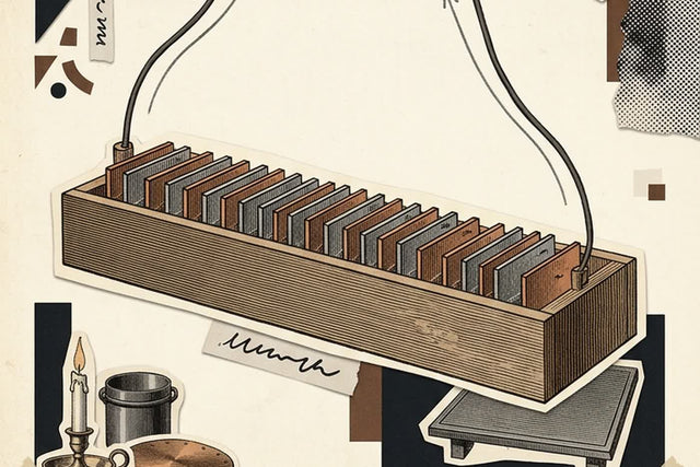 A voltaic pile of stacked copper and zinc plates wired to a shallow dish of molten caustic potash, the arrangement used to isolate potassium by electrolysis in 1807.