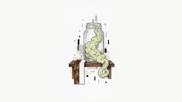 A glass jar of dense yellow-green chlorine gas spilling over the rim, in the style of a 19th-century paper collage