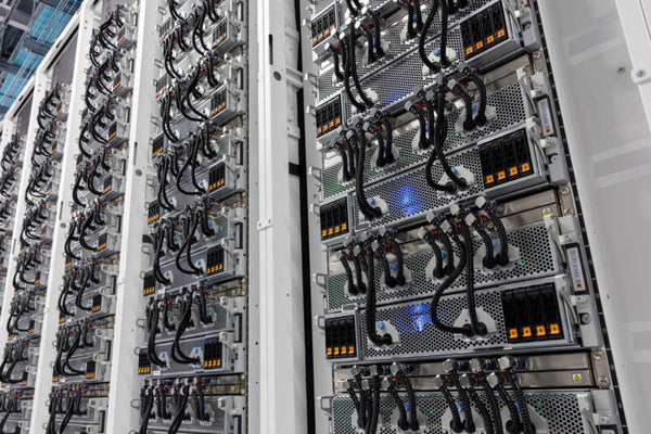 Liquid-cooled GPU server racks in modern data center facility