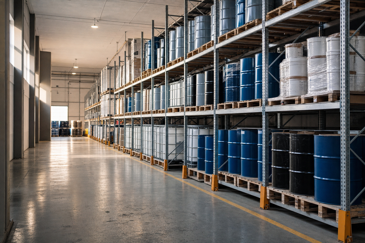An aisle of steel pallet racking in a chemical distribution warehouse stacked with unmarked steel drums, intermediate bulk containers, and pails on wooden pallets.
