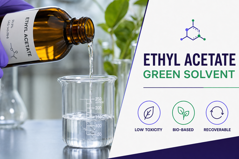 Ethyl acetate green solvent: a clear colorless solvent poured into a beaker with the label Ethyl Acetate Green Solvent and badges Low Toxicity, Bio-Based, Recoverable.