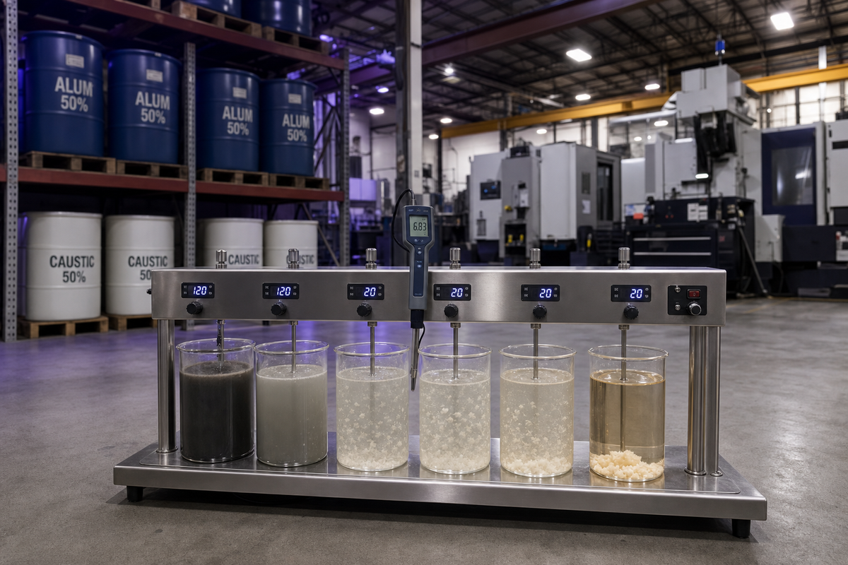 Six-beaker jar-testing rig in an industrial fabrication facility showing aluminum sulfate coagulation progression from dark untreated cutting-fluid emulsion to clear treated effluent. ALUM 50% and CAUSTIC 50% drums on shelving in background.