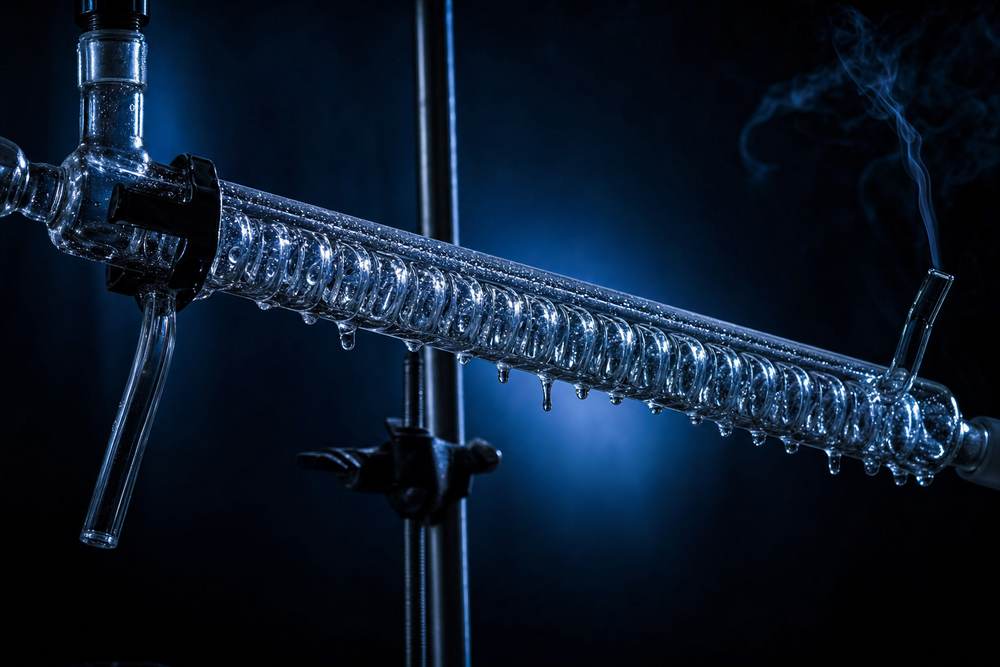 A laboratory glass condenser backlit in deep blue, condensate beading and running down the coil with a wisp of vapour at the outlet - the distillation step that cannot climb past the isopropyl alcohol azeotrope.