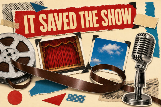 Paper-collage hero: a reel of brown magnetic recording tape unspooling across a Kodachrome-style album page beside a chrome ribbon microphone, under the headline It Saved The Show.