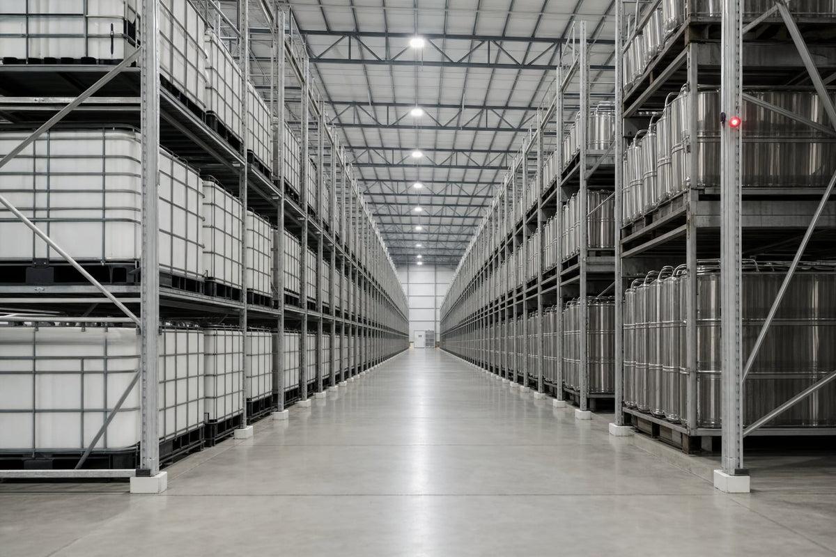 Symmetric rows of white HDPE totes and brushed-steel drums in a clean, cold-lit industrial chemical storage aisle, shot in dead-centre one-point perspective with a single red status light.