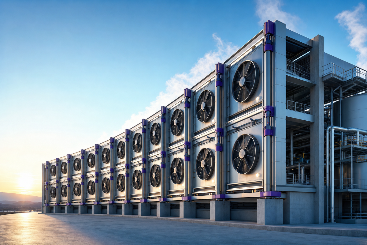 A modern direct air capture contactor array under an open sky, illustrating how sodium hydroxide captures carbon dioxide from the air
