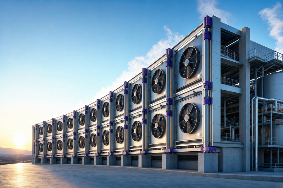 A modern direct air capture contactor array under an open sky, illustrating how sodium hydroxide captures carbon dioxide from the air