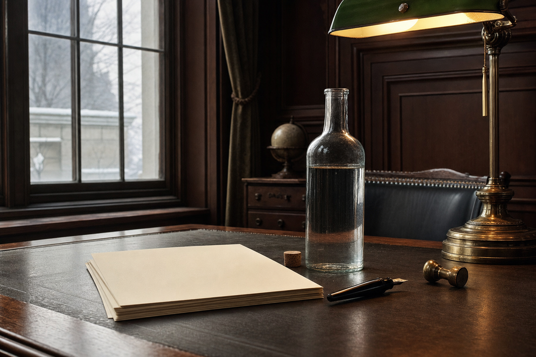 A plain unlabeled glass bottle of clear liquid on a dark 1920s government office desk beside a banker’s lamp, fountain pen and blank paper, lit by cold winter window light.