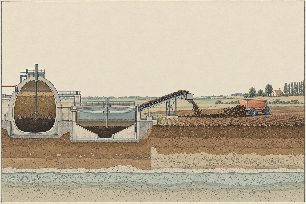 Survey-plate illustration of a wastewater digester and settling tank sending biosolids by conveyor onto a farm field, with groundwater below