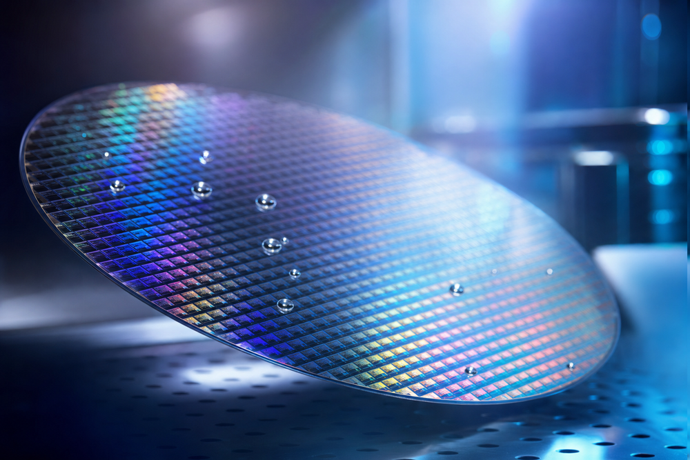 A polished silicon memory wafer tiled with a grid of memory dies under cleanroom blue and violet light, with clear process-chemistry droplets on its surface