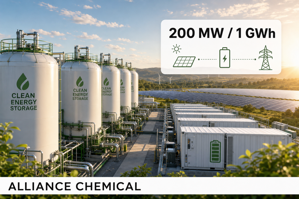 Rows of vanadium flow-battery electrolyte storage tanks and grid-scale battery containers beside a solar array at golden hour, with a data panel reading 200 MW / 1 GWh, illustrating how sulfuric-acid-based electrolyte powers long-duration grid storage.