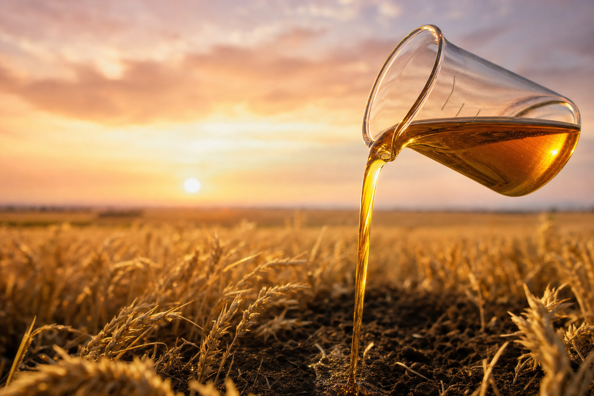 Golden-hour wheat field with a laboratory glass beaker pouring amber liquid onto the soil — visual metaphor for nitric acid as fertilizer.