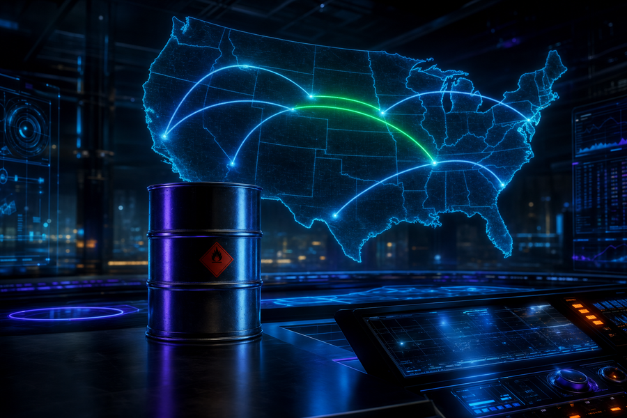 Engineering control-room view of a US LTL freight map and a hazmat chemical drum — how Alliance Chemical ships hazardous chemicals in 1-2 business days