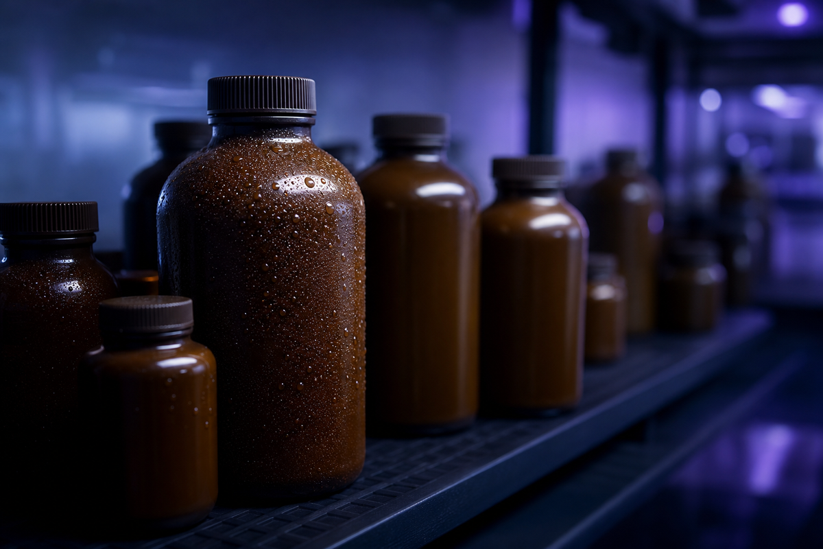 Unlabeled amber HDPE bottles of hydrogen peroxide stored on a shelf in a cool, dark chemical storage room