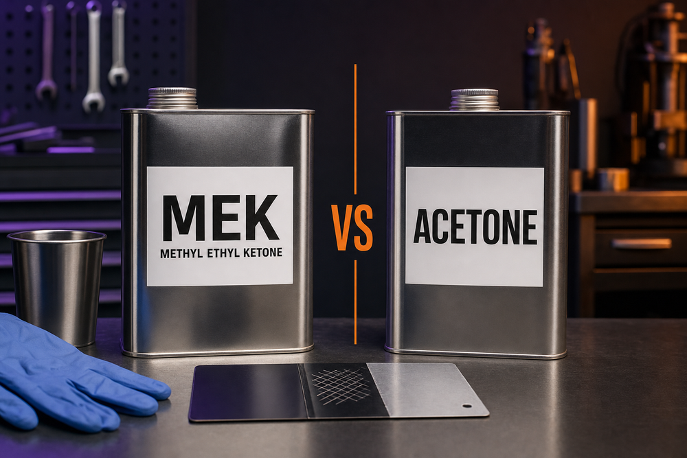MEK versus acetone solvent comparison — two labeled metal cans on an industrial workbench
