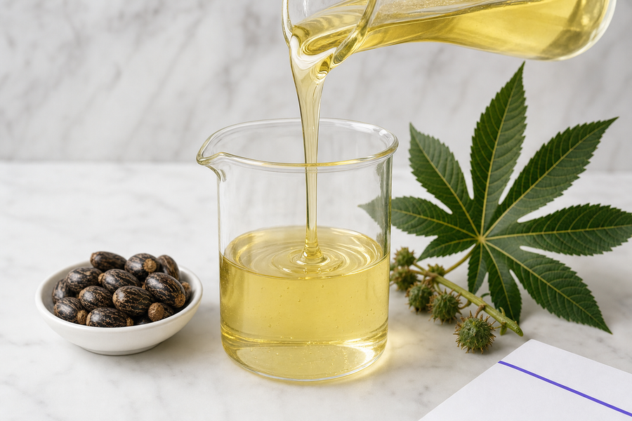Pale-yellow castor oil pouring in a thick viscous stream into a glass beaker beside castor beans and a palmate castor leaf