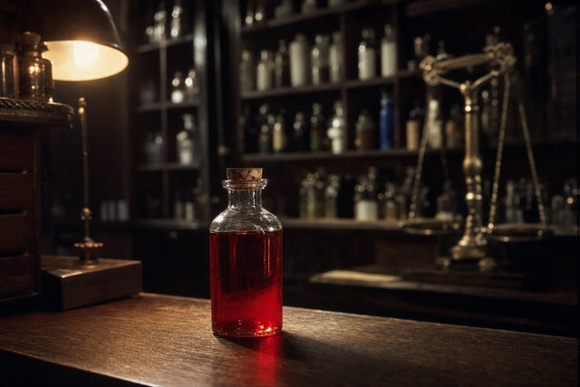 A corked glass apothecary bottle of deep raspberry-red liquid on a dark wooden counter in a dimly lit 1930s pharmacy — the unlabeled, untested medicine at the center of the 1937 Elixir Sulfanilamide disaster.