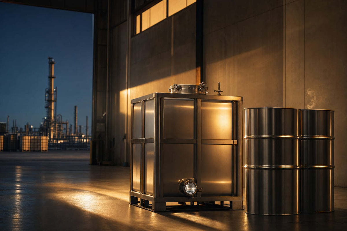 Bulk acetone tote and drums in a warehouse at dusk with a refinery tower beyond — the 2026 acetone supply squeeze