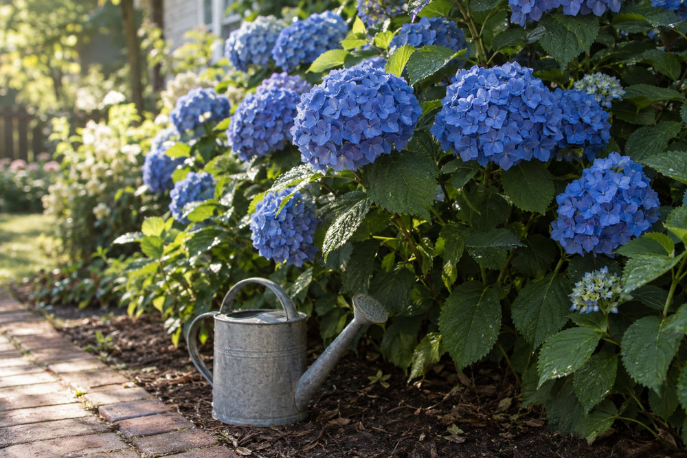Established bigleaf hydrangea covered in deep blue mophead flowers beside a brick garden path, with a plain galvanized watering can at its base
