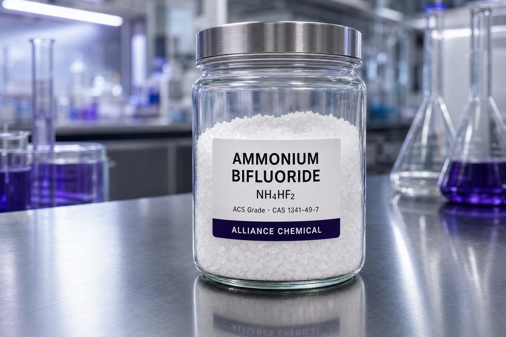 Ammonium Bifluoride NH4HF2 ACS Grade flakes in clear glass jar with Alliance Chemical brand label on stainless steel laboratory benchtop