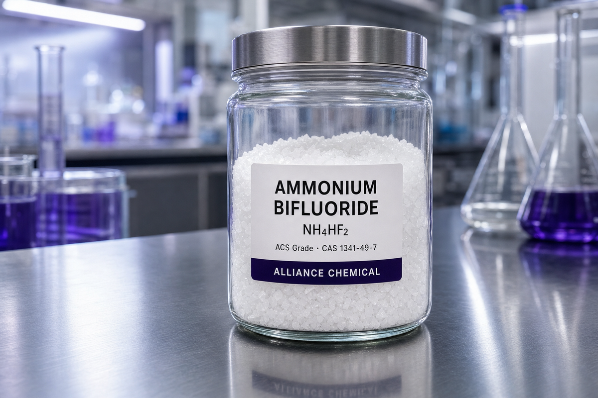 Ammonium Bifluoride NH4HF2 ACS Grade flakes in clear glass jar with Alliance Chemical brand label on stainless steel laboratory benchtop