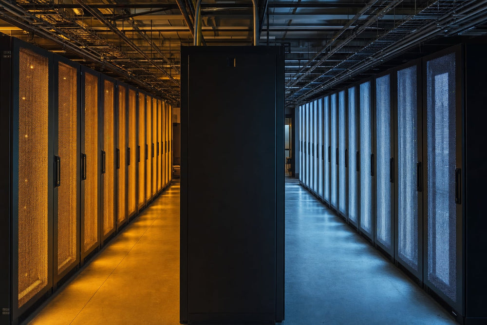 A data center aisle with hot-aisle/cold-aisle containment, warm exhaust light on one side and cool supply air on the other.