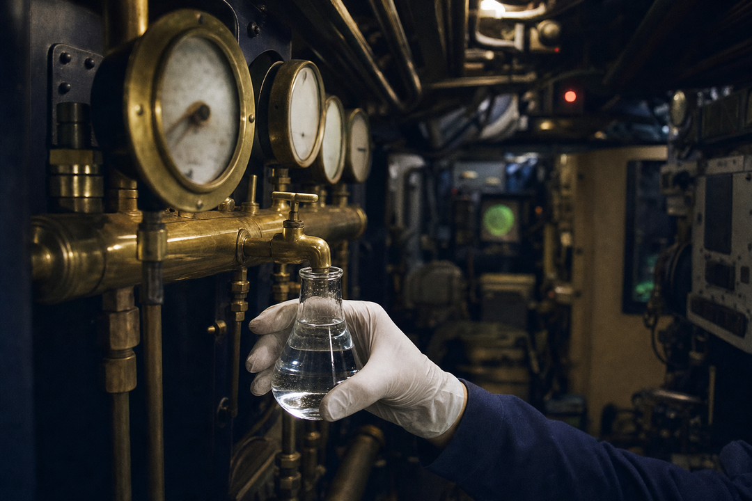 A gloved hand draws a sample of crystal-clear ultrapure water into a glass flask from a brass sample valve inside a submarine engine room, surrounded by analog gauges and instrument glow.