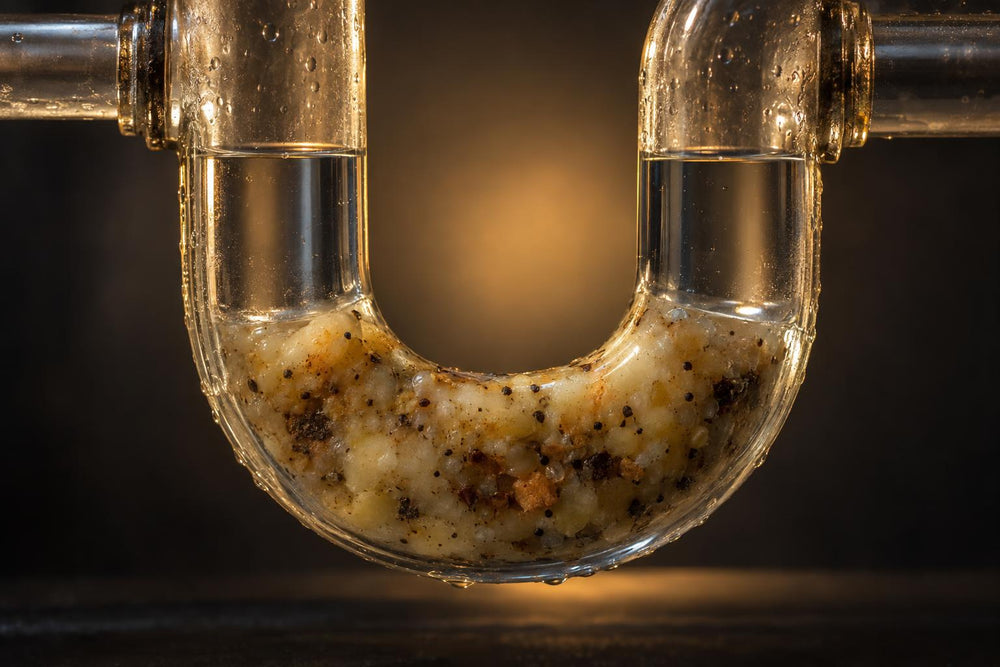 A clear glass sink trap with a plug of congealed kitchen grease and food specks blocking the bend