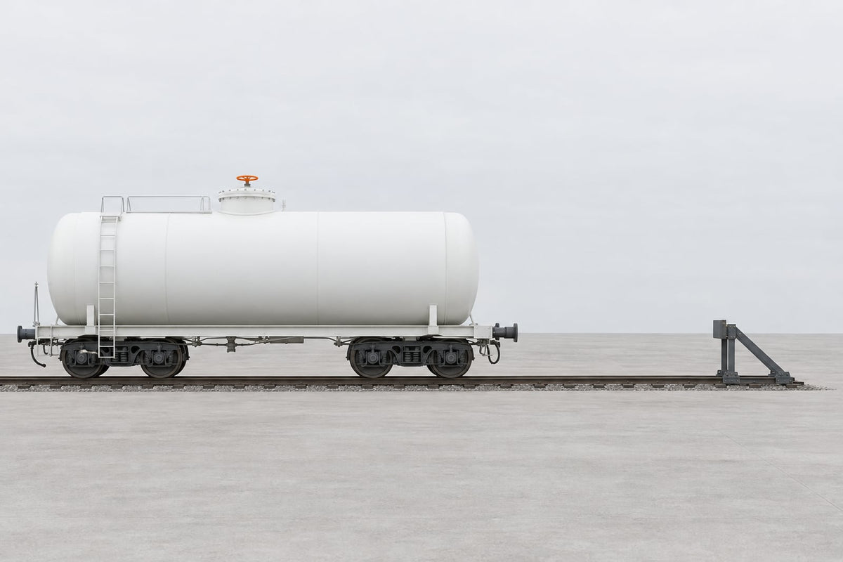 A plain white railway tank car in side profile on a short track that ends at a buffer stop, under a pale overcast sky