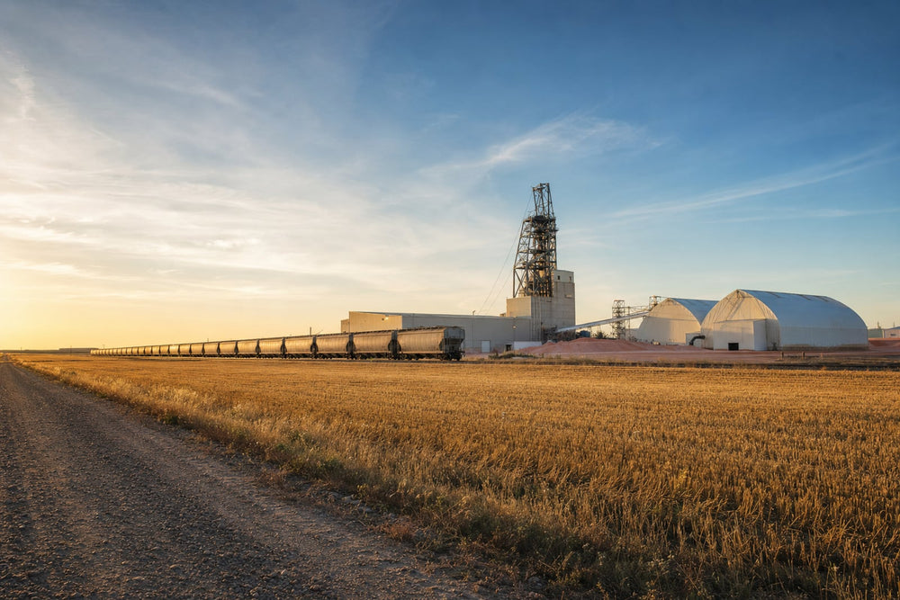 A potash mine headframe and pale storage sheds on the Saskatchewan prairie at golden hour, with a long unit train of covered hopper cars waiting on the siding beside a harvested wheat field